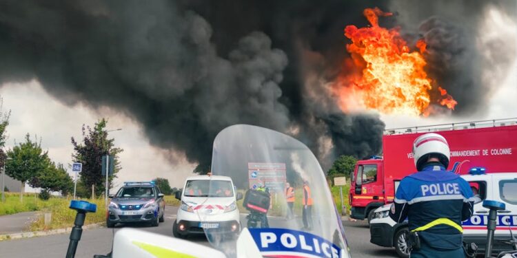 Flames engulf a luxury home, police cars surrounding the scene after a firebomb attack.
