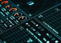 A futuristic cybersecurity dashboard displaying AI analytics and threat alerts.