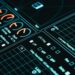 A futuristic cybersecurity dashboard displaying AI analytics and threat alerts.