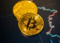 Digital illustration of cryptocurrency coins with a warning sign, symbolizing financial loss.