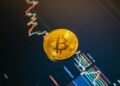 Bitcoin coin graphics with rising trend arrows and financial charts, reflecting market tension.