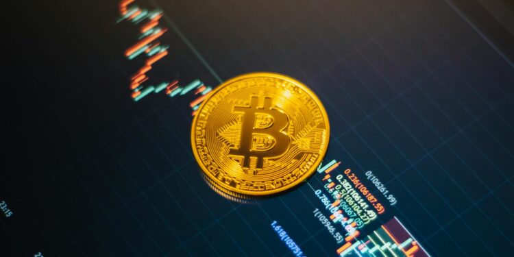 Bitcoin coin graphics with rising trend arrows and financial charts, reflecting market tension.