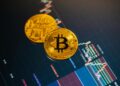 chart displaying cryptocurrency trends with digital icons representing various assets and staking concepts
