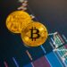 chart displaying cryptocurrency trends with digital icons representing various assets and staking concepts