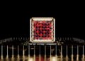 A digital representation of a blockchain with quantum symbols and security seals.