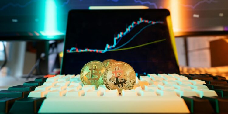 Digital chart illustrating rising trading volume with Bitcoin symbols and upward trends.