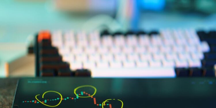 A financial expert analyzes cryptocurrency trends on a digital chart screen.