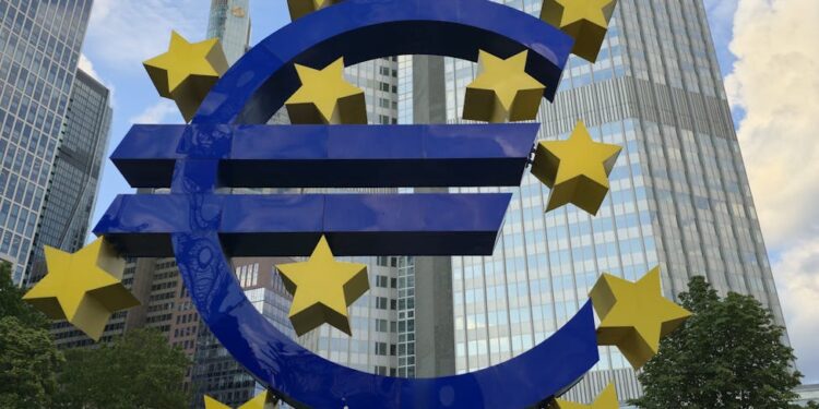 European Central Bank building with digital currency symbols superimposed.