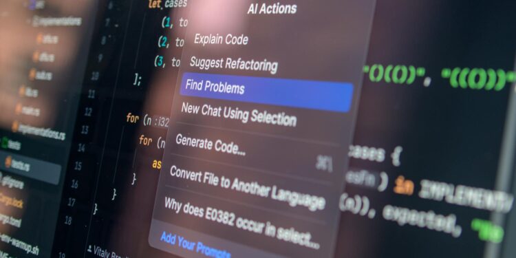 AI interface displaying code with warning symbols and ethical dilemma prompts.