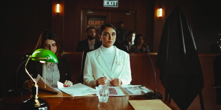 A courtroom scene with a judge, defendant, and lawyers discussing cryptocurrency fraud case.