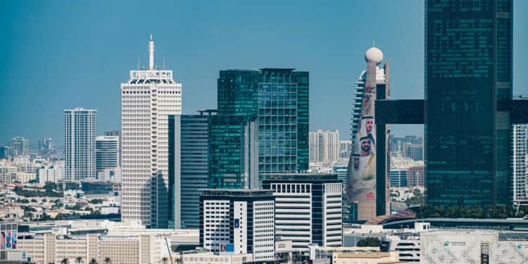 A Dubai skyline with financial district buildings and blockchain symbols overlaying the scene.