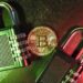 A digital illustration of a lock over cryptocurrency symbols, representing security measures in finance.