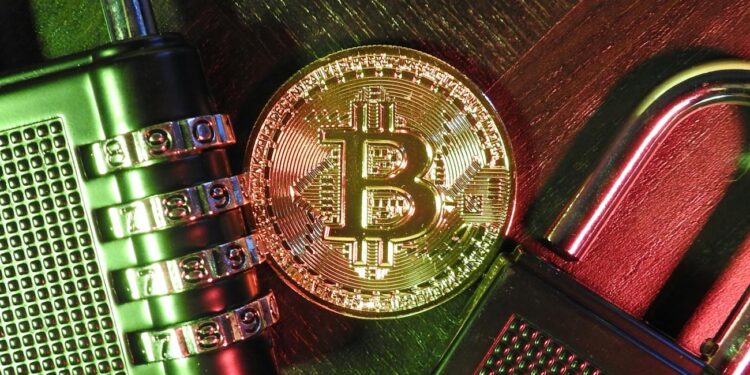 A digital representation of a blockchain with security locks and warning symbols.