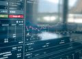 A digital representation of a stock market chart, highlighting a blockchain network and IPO symbols.