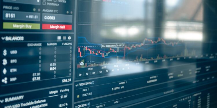A digital illustration of traders engaging with cryptocurrency on a platform interface.