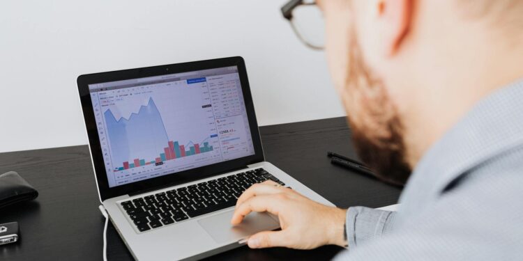 A person analyzing cryptocurrency charts on a laptop in a financial context.