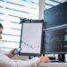 Traders analyzing stock market charts with election prediction market data on screens.