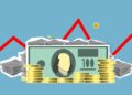 Bitcoin logo with rising graph and dollar signs, symbolizing market optimism and financial trends.