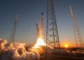 SpaceX rocket launch with a digital overlay of financial charts and IPO announcements