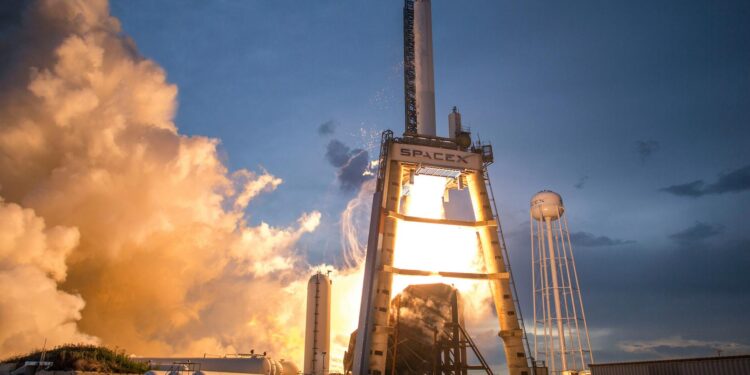 SpaceX rocket launch with financial graphs overlay, symbolizing IPO valuation surge.