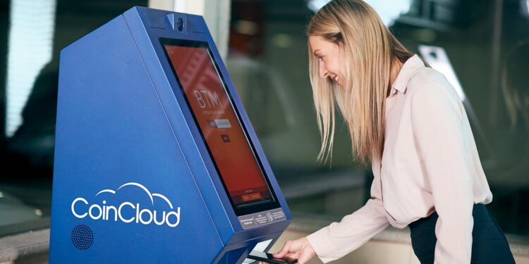 Bitcoin ATM display with a "No Service" sign, reflecting Tennessee's crypto ban.