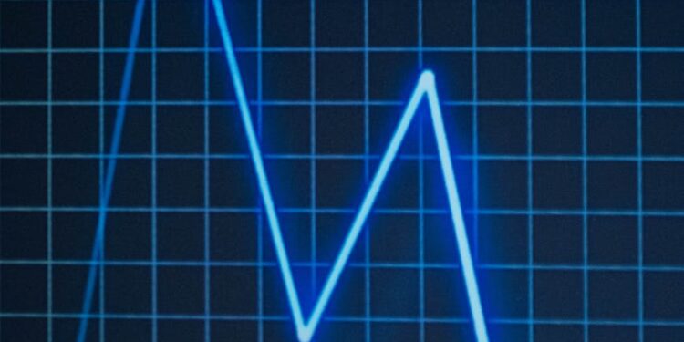 A digital illustration of a declining WLD token graph amid inflation risk symbols.