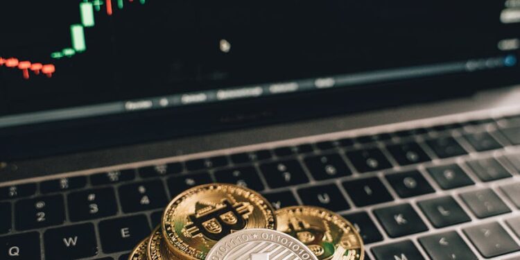 Visual showing a hacker in a digital environment with cryptocurrency symbols and financial graphs.