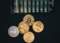 An empty wallet surrounded by symbols of cryptocurrency and AI technology.
