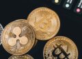 A digital wallet with cryptocurrency symbols, highlighting cyber theft and laundering activities.