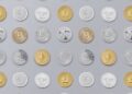 A digital representation of USDC coins surrounded by payment symbols in a financial setting.