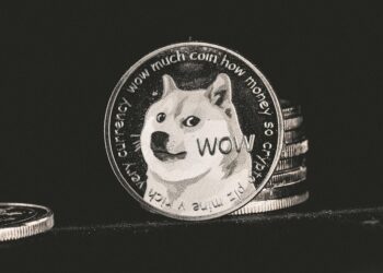 A person holds a smartphone displaying the Dogecoin logo and crypto donation details.