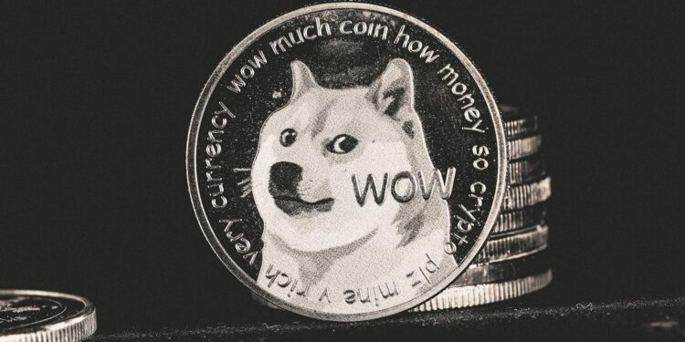 A person holds a smartphone displaying the Dogecoin logo and crypto donation details.