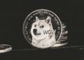 A digital illustration of Dogecoin logo amidst fluctuating cryptocurrency charts.