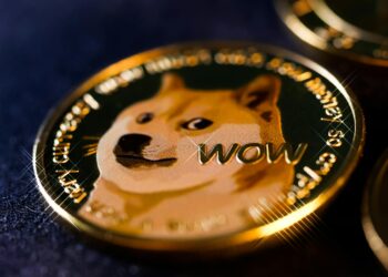 A crowded gala event with cryptocurrency themed decorations and attendees celebrating meme coins.