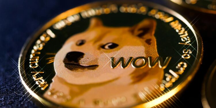 A crowded gala event with cryptocurrency themed decorations and attendees celebrating meme coins.