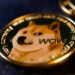 A crowded gala event with cryptocurrency themed decorations and attendees celebrating meme coins.