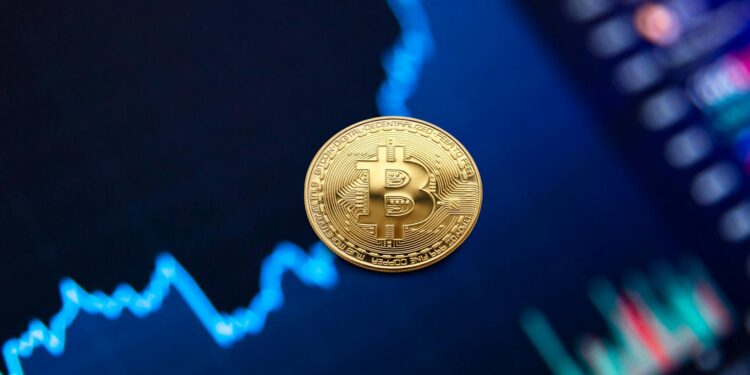 A stock chart displays rising Bitcoin values alongside cryptocurrency fund symbols.