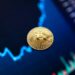 A stock chart displays rising Bitcoin values alongside cryptocurrency fund symbols.