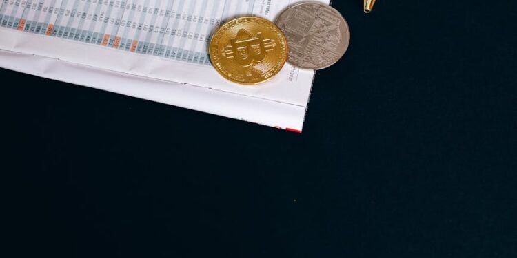 A cryptocurrency exchange office with a digital currency display and financial documents.