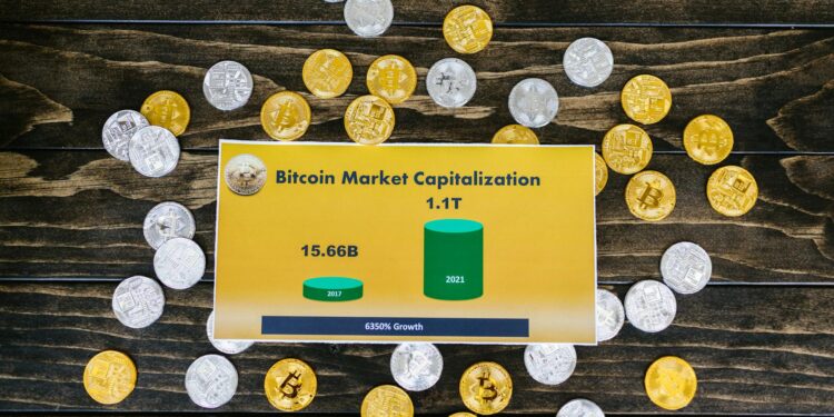 Bitcoin coins displayed alongside bond certificates and financial charts on a desk.
