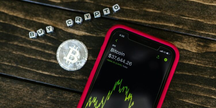 Bitcoin price chart showing a surge nearing $75,000 with liquidations highlighted.