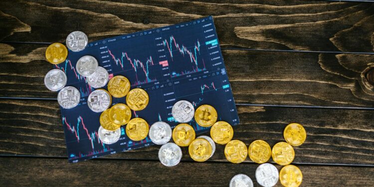 MEGA Token logo with rising chart and digital currency symbols in a trading environment.