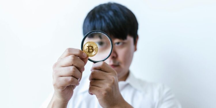FBI agents examining documents related to crypto finance amidst a backdrop of digital currency symbols.