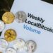 A close-up of Bitcoin tokens stacked on financial documents and a calculator.