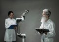 Researchers collaborate in a high-tech lab featuring quantum computers and AI equipment.