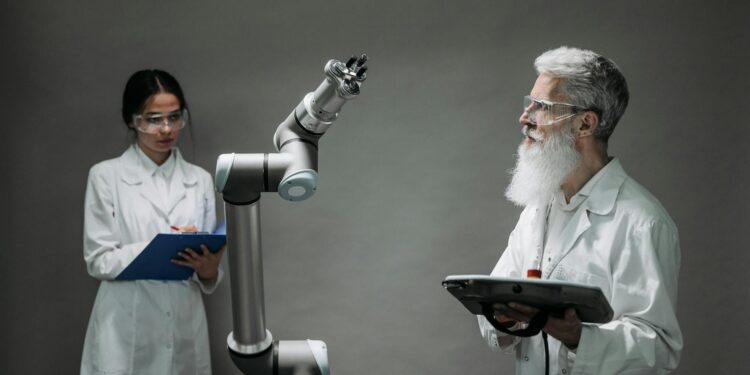 Researchers collaborate in a high-tech lab featuring quantum computers and AI equipment.