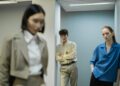 A group of employees exits Snap Inc.'s office building, looking concerned after layoffs announcement.