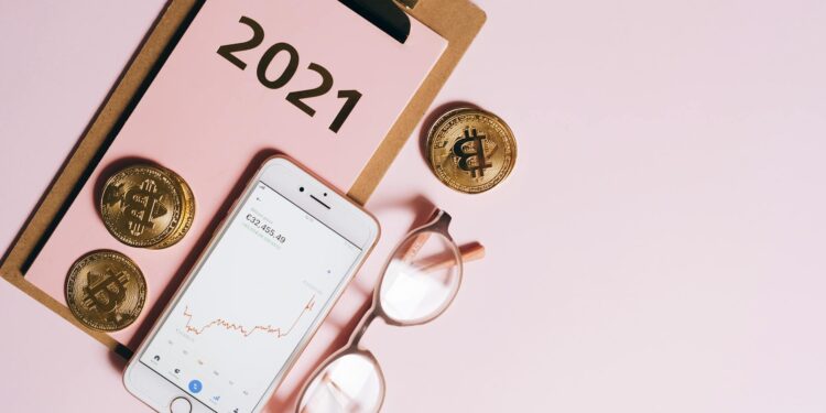 A financial chart showing rising trends in cryptocurrency values and Wall Street icons.