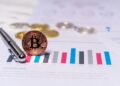 Investment firm office with financial charts and Bitcoin symbols in the background.