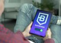 A user verifying identity on a digital platform with blockchain elements and AI interface.